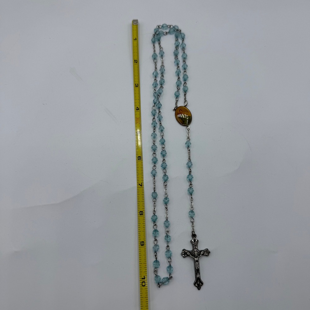 Light Blue Crystal Bead Rosary Silver Tone Madonna Child Medal Crucifix 20 Inch - Picture 7 of 8
